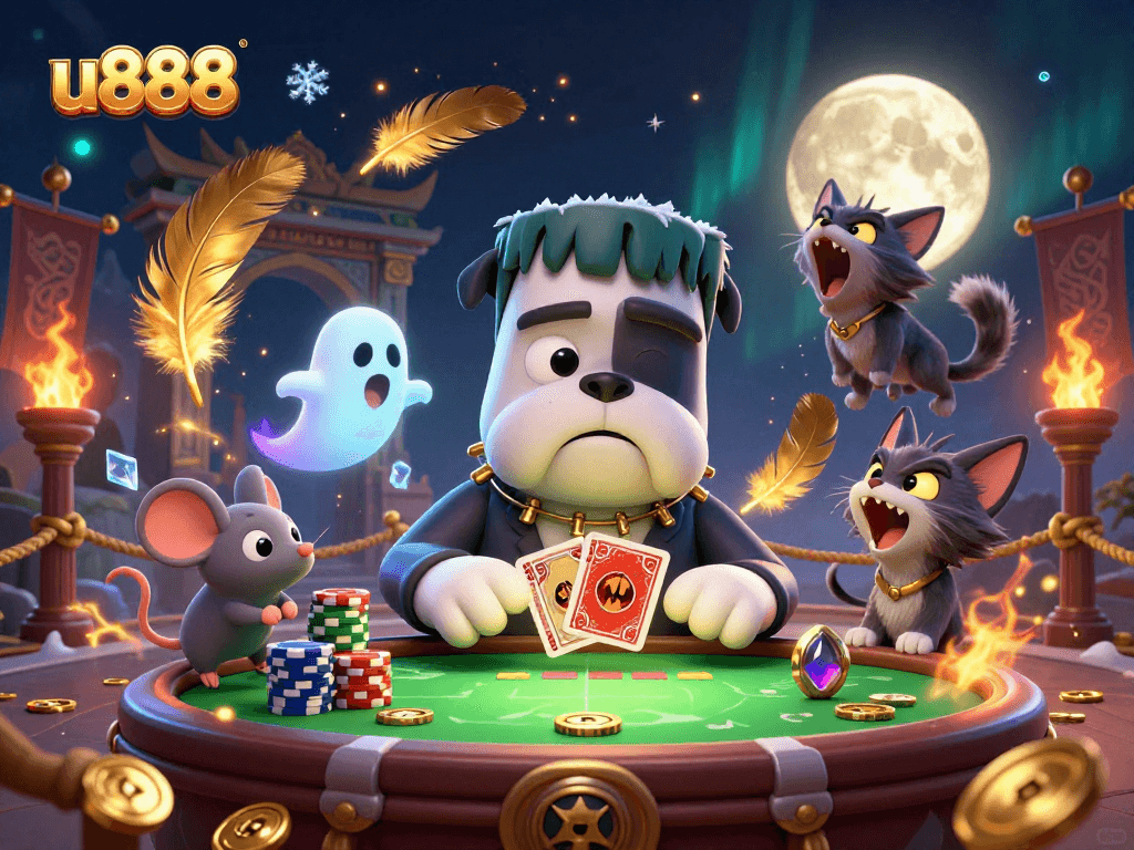Engage in thrilling card games at u888 with our immersive 3D casino scene filled with interactive characters and elements.