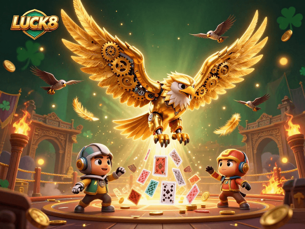 Lucky LUCK8 casino eagle dives through holographic cards above gold coins in a vibrant 3D scene.