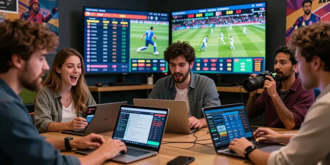 Exciting TK 999 sports betting atmosphere with diverse players engaged in real-time wagering, showcasing live sports and vibrant digital interfaces.