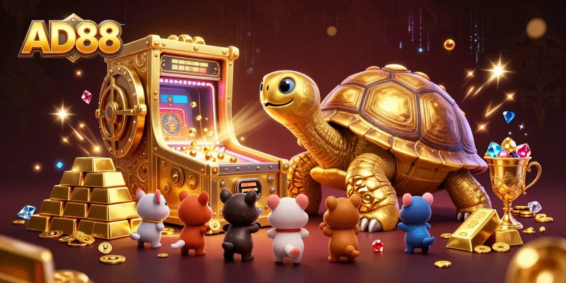 Engage with AD88's vibrant online casino scene featuring a dynamic golden tortoise and treasures.