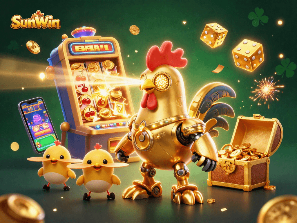 Win big at SunWin Casino with our vibrant slot machine scene filled with treasures and excitement.