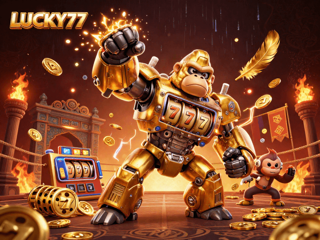 Experience exhilarating excitement with LUCKY77 as a golden gorilla mech blasts coins in a vibrant casino scene.