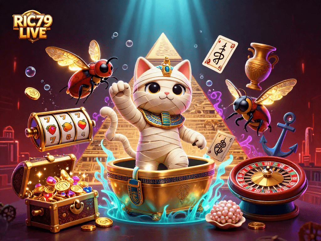 Engage with RIC79 LIVE: Unveil thrilling casino adventures with vibrant characters and scattered treasures!