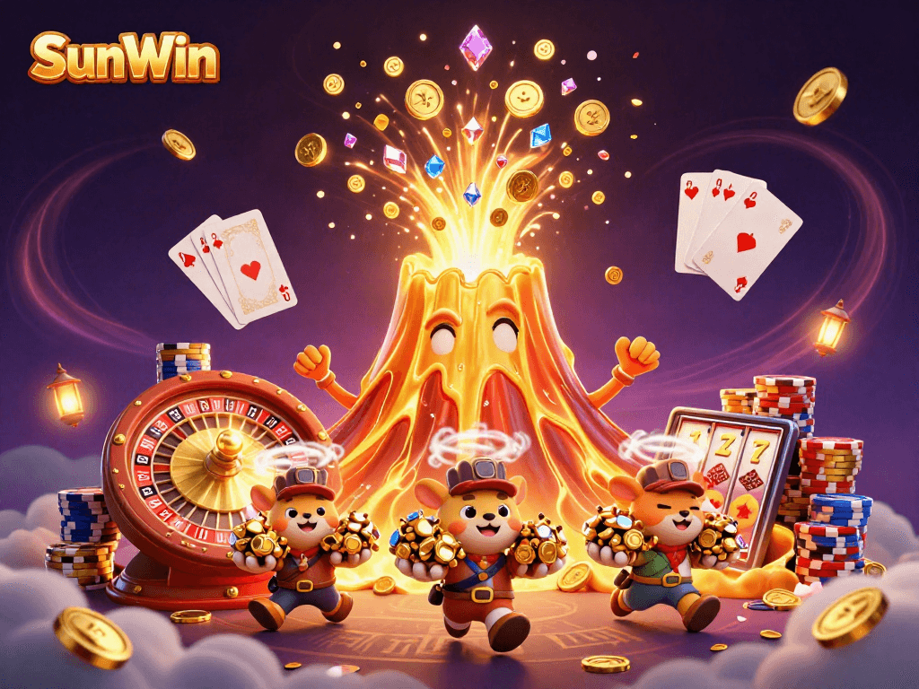 Experience exhilarating wins with SunWin in this vibrant casino-themed illustration.