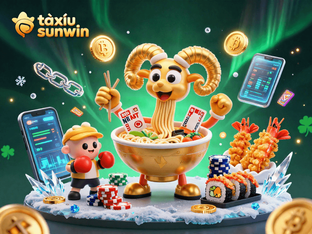 Tài xỉu sunwin shows a colorful casino scene with ramen bowl characters and cryptocurrency elements.