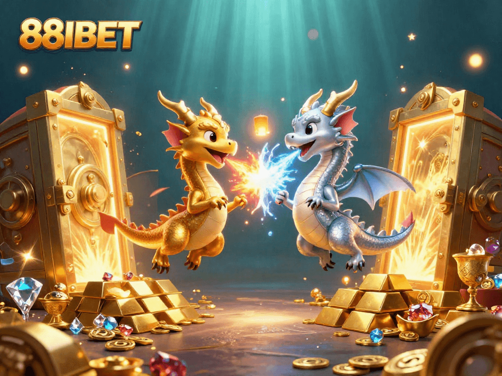 Engage in thrilling gameplay with 88IBET as twin dragons unleash elemental forces amidst treasures in this immersive scene.