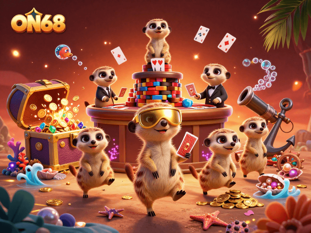 Bet on ON68 with clever meerkats running a vibrant casino filled with sparkling treasures.