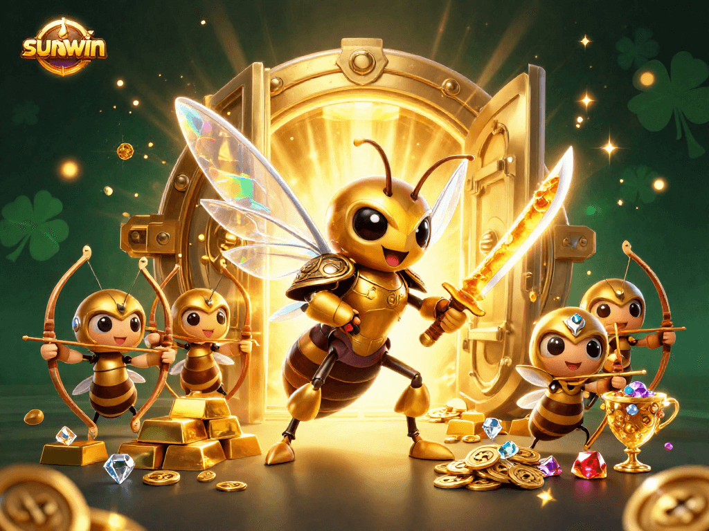 Win prizes with sunwin in a vibrant, detailed 3D casino illustration featuring a giant hornet and treasure elements.