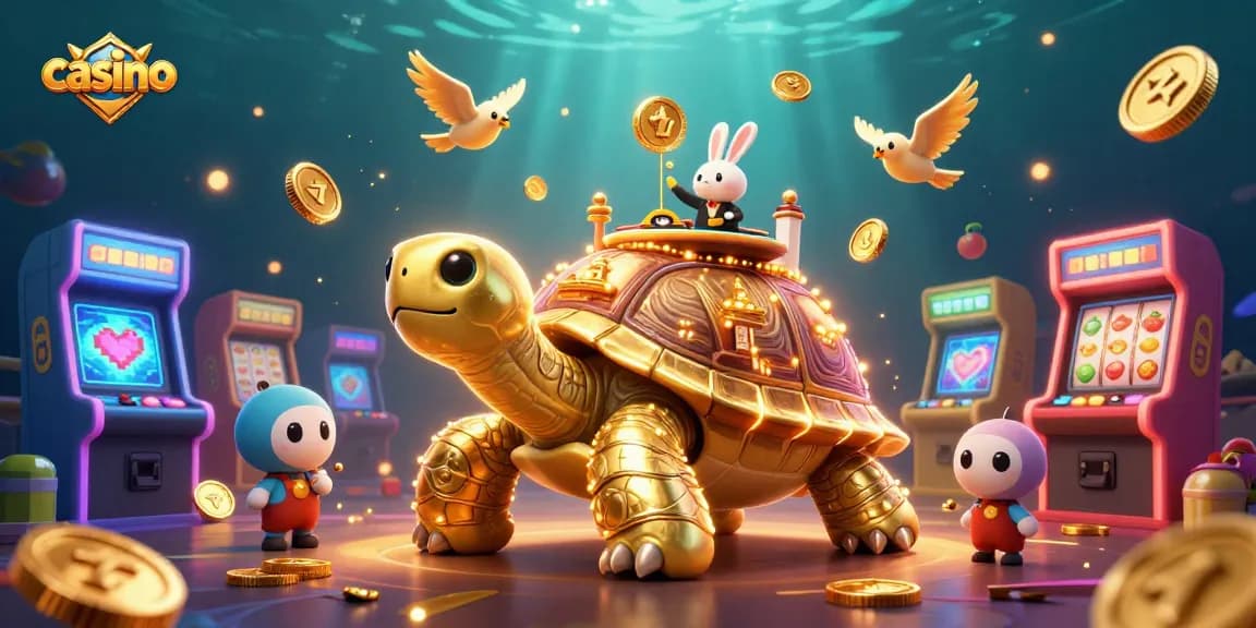 Experience the lively casino scene featuring a golden tortoise and a rabbit dealer amidst vibrant gaming elements.