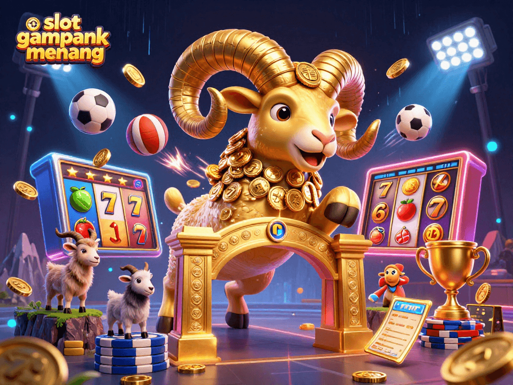 Engage with slot gampang menang in dynamic 3D casino illustration showcasing a golden ram and game elements.