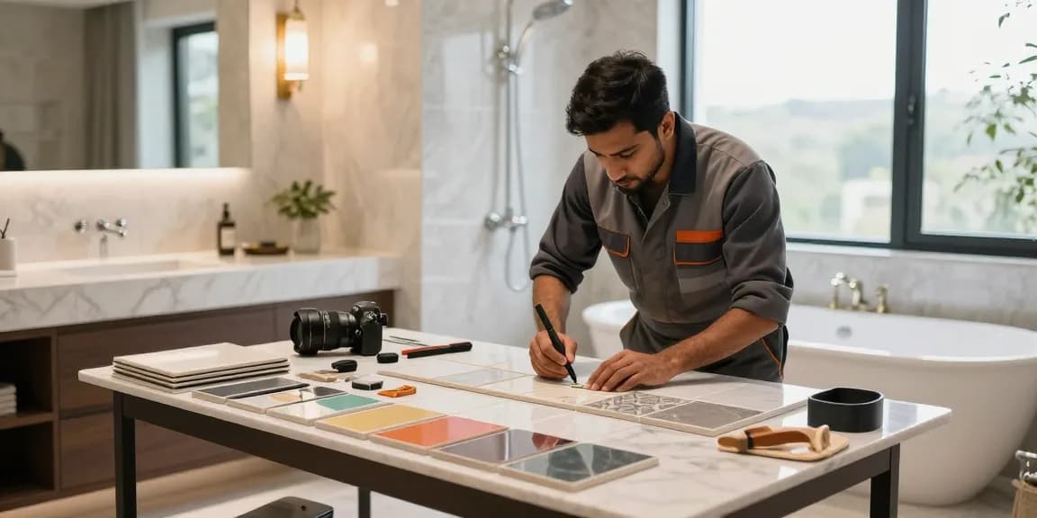 فني سيراميك باكستاني يقوم بتركيب سيراميك عالي الجودة في حمام حديث مع أدوات متقدمة.