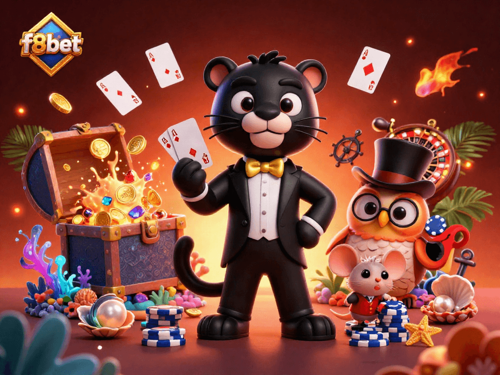 Engage in thrilling card games at f8bet with vibrant characters and captivating casino elements.