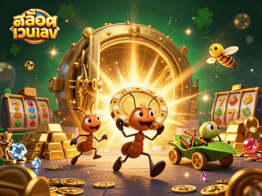 Casino scene with 3D cartoon ants heisting a golden poker chip, emphasizing สล็อตเว็บตรง gameplay.