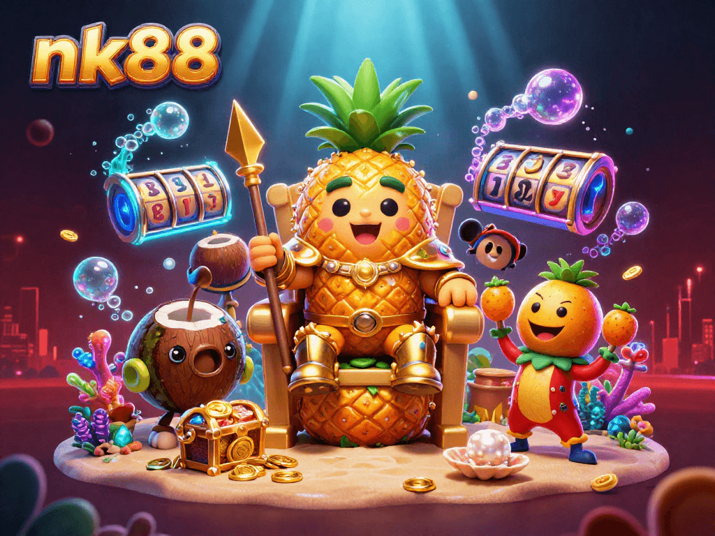 Witness nk88's vibrant casino scene featuring a golden pineapple king amidst colorful gaming elements.