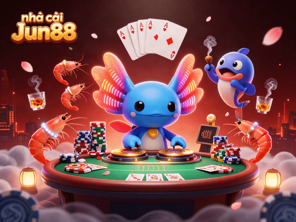Experience thrilling gaming with nhà cái Jun88, featuring a vibrant 3D casino scene filled with animated characters and poker elements.