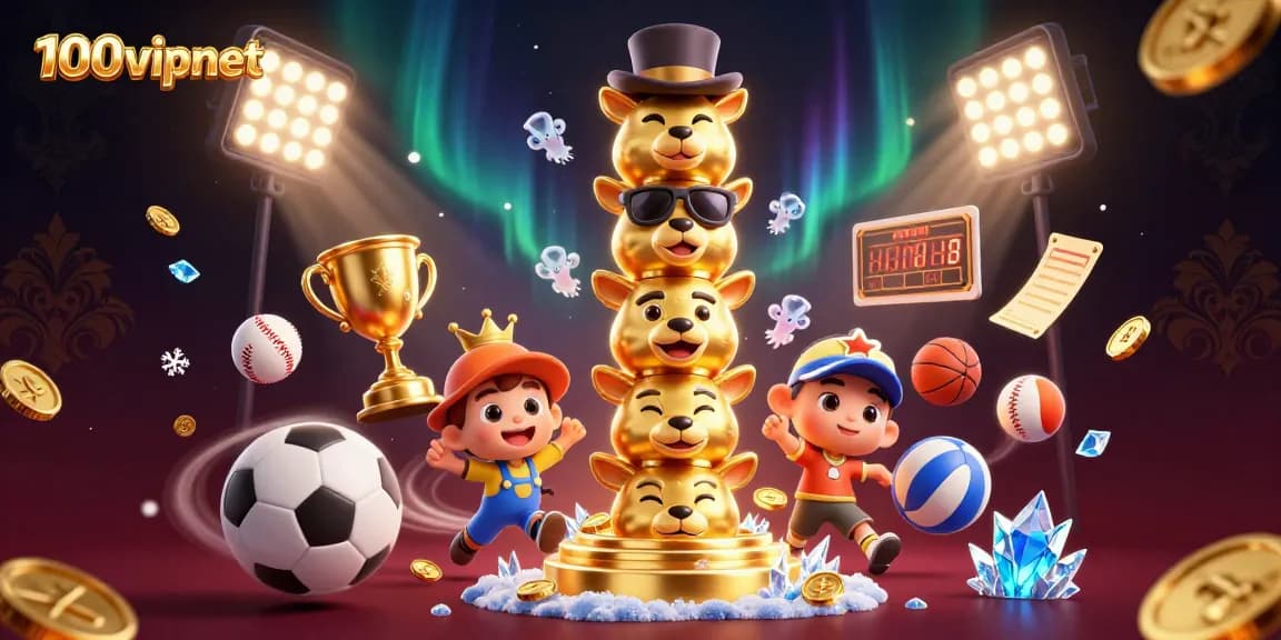 Experience thrilling sports betting action with 100vipnet's dynamic 3D casino illustration featuring vibrant sports elements.