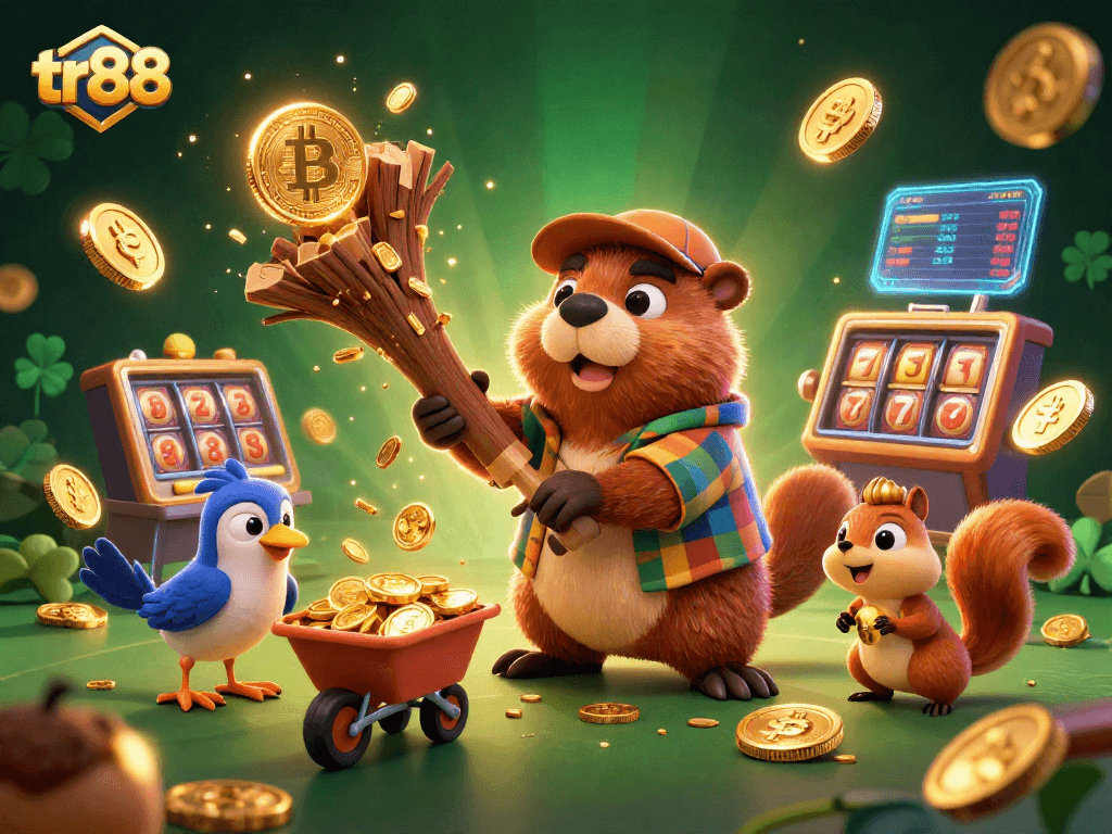 tr88 casino illustration showcasing a beaver and friends collecting coins in a vibrant gaming scene.