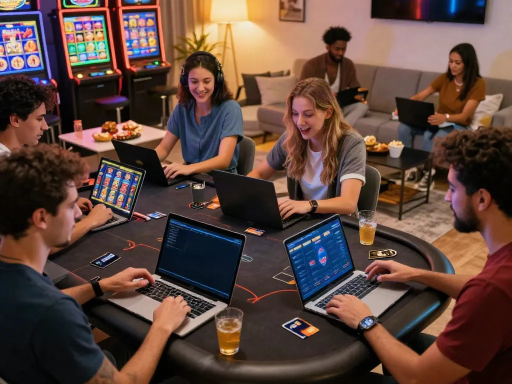Players enjoying online casinos that accept credit cards in a vibrant and engaging living room setting.