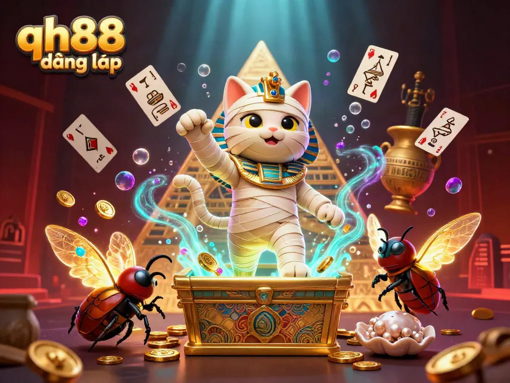 Engage in gaming thrill at qh88 đăng nhập with an Egyptian mummy cat and scarab beetle in vibrant casino scene.
