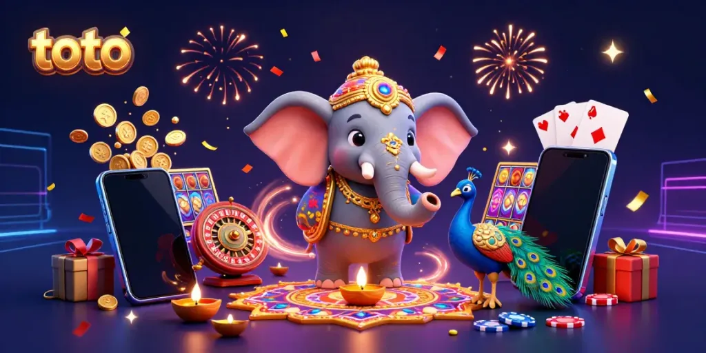Engage with toto-themed slots in a vibrant casino scene with festive elements.