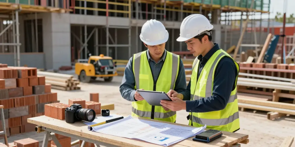 Retrofit quantity surveyor reviewing cost estimates with contractor at a building site