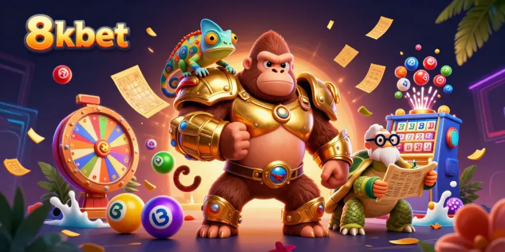 Experience thrilling gaming at 8xbet with vibrant lottery balls and a dynamic casino scene.