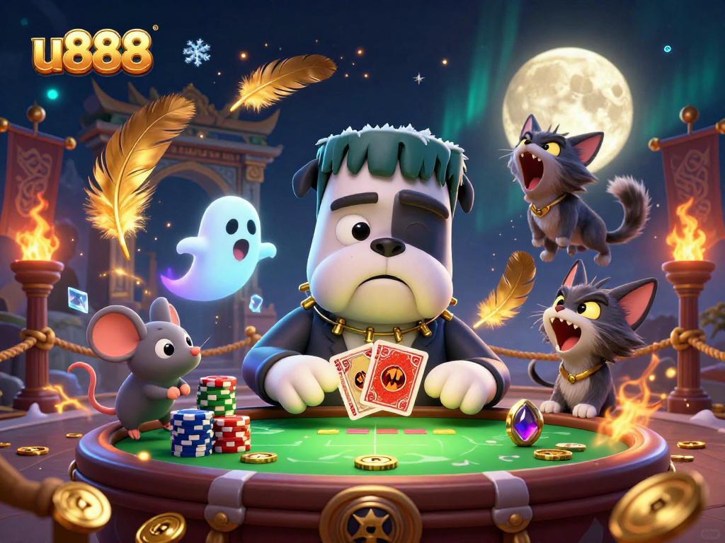 Engage in thrilling card games at u888 with our immersive 3D casino scene filled with interactive characters and elements.