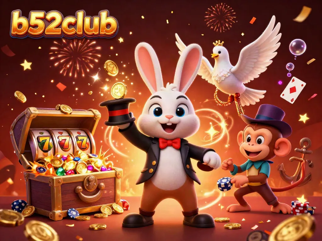 Experience the excitement of b52club with a 3D illustration featuring a magician rabbit, dove, and monkey amidst vibrant casino elements.