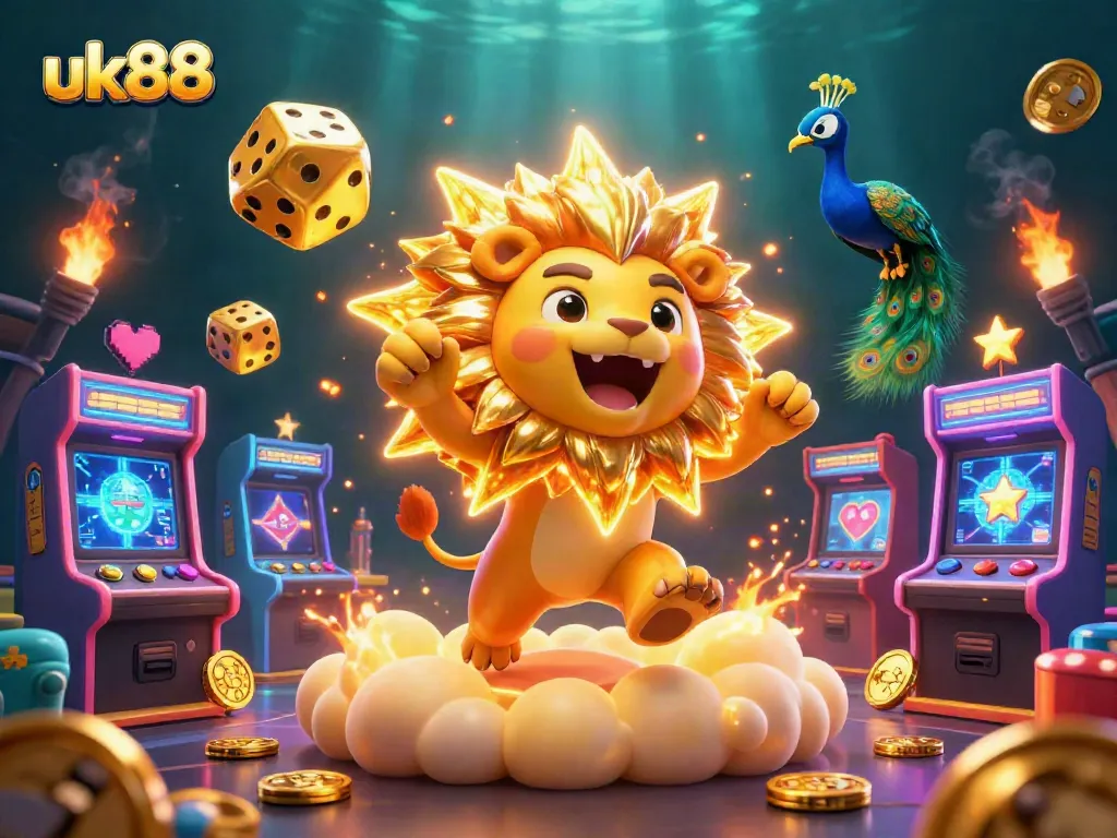 Experience the thrill of uk88 with a vibrant casino-themed 3D illustration showcasing colorful gaming elements.