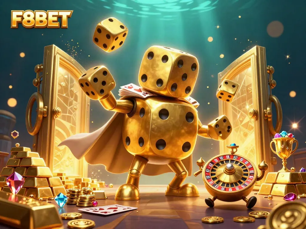 Experience the winning fun at F8BET with golden dice, jewels, and vibrant casino elements in a dynamic scene.