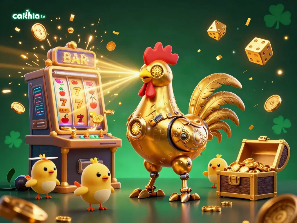 Watch cakhia tv unleash excitement with a golden rooster robot and baby chick drones in a rich casino scene.