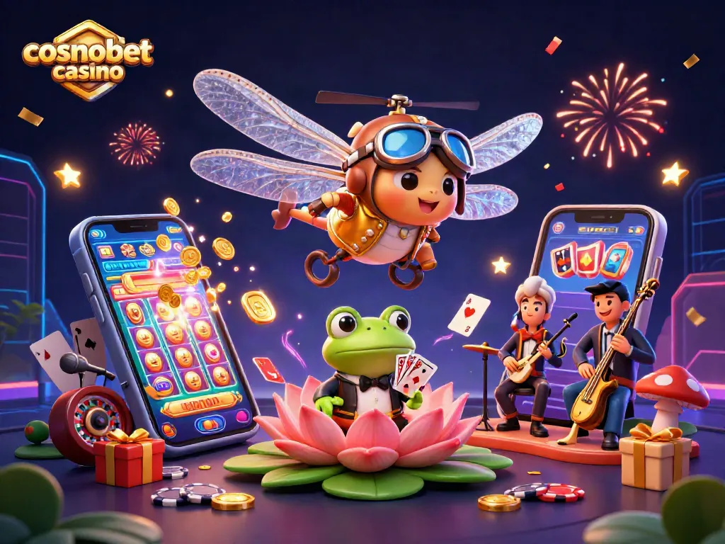 Experience the excitement of cosmobet casino with a lively 3D scene featuring vibrant characters and games.