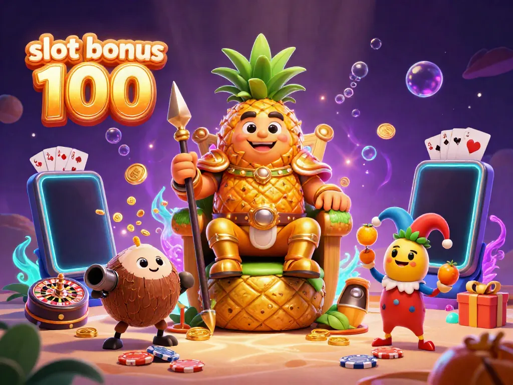 Experience the thrilling excitement of slot bonus 100 with a golden pineapple king in a vibrant casino scene.