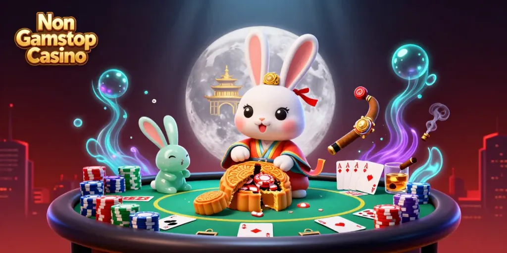 Engaging scene at a Non Gamstop Casino showcasing a moon rabbit revealing poker chips.