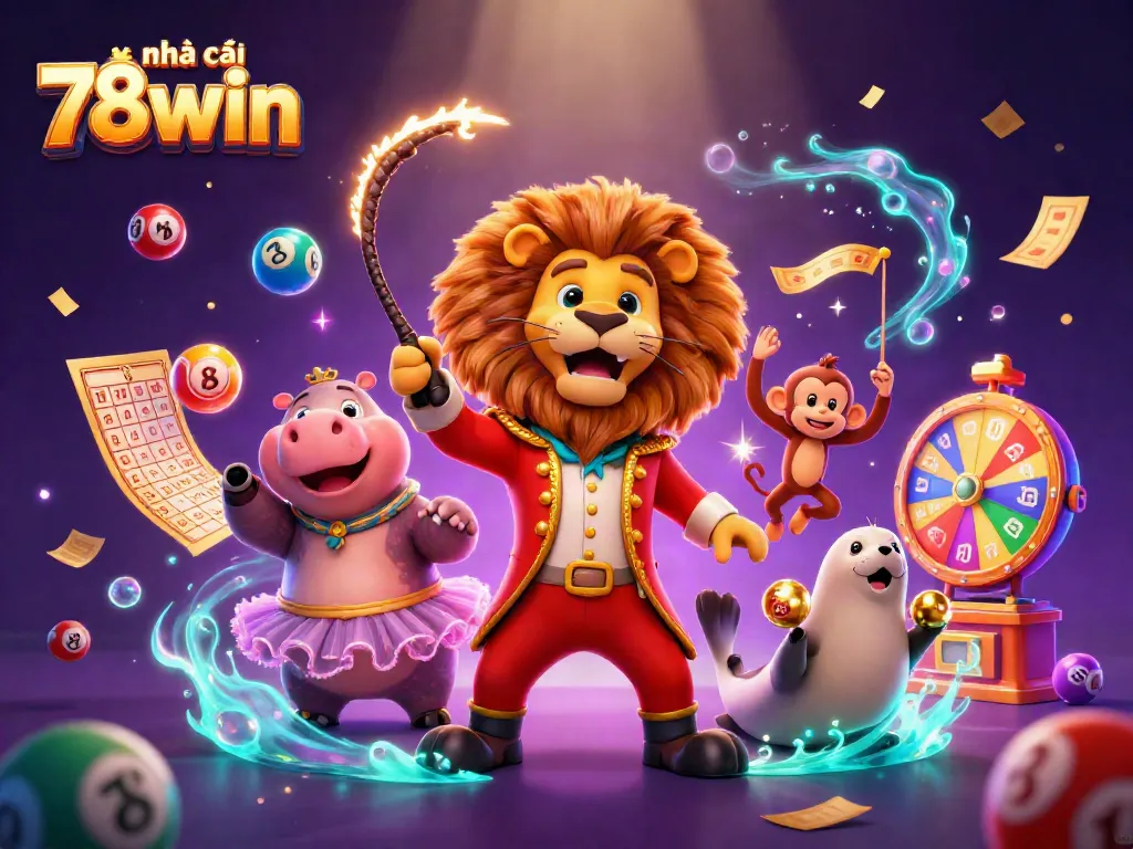 Experience thrilling gaming action with nhà cái 78win, featuring vibrant carnival characters and dynamic lottery elements.