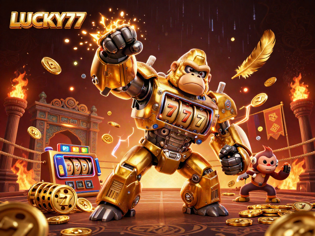 Experience exhilarating excitement with LUCKY77 as a golden gorilla mech blasts coins in a vibrant casino scene.