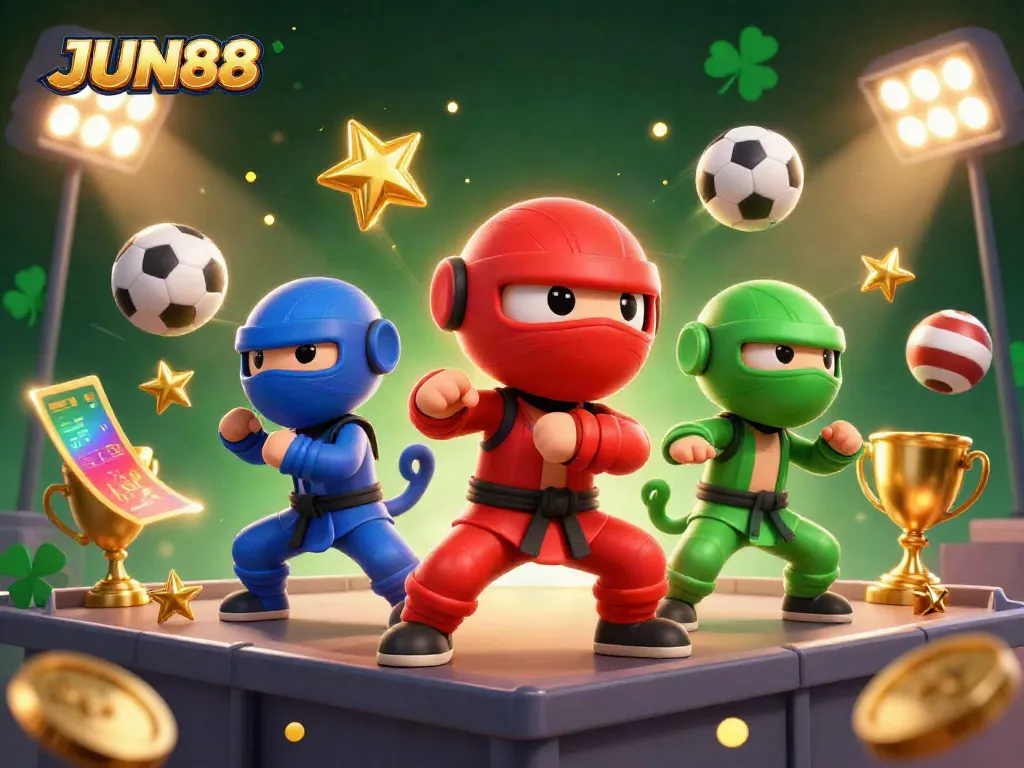 Experience thrilling action at JUN88 with a vibrant scene of ninja chameleons amidst sports elements.