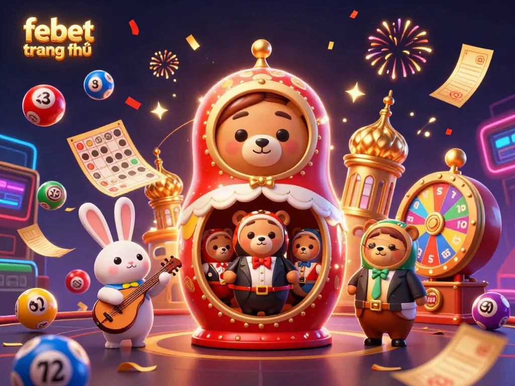 Experience the vibrant action of febet trang chủ with engaging casino-themed characters and festive elements.