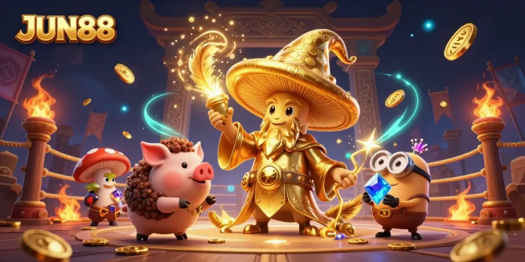 Experience thrilling gameplay with JUN88's vibrant casino scene featuring enchanted characters and golden treasures.