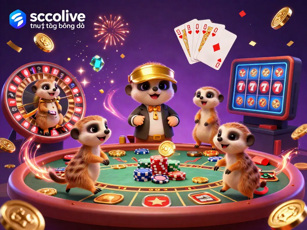 Engaging scene featuring socolive trực tiếp bóng đá with meerkats as dealers, casino operations, and festive elements.