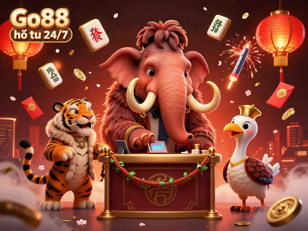 The vibrant 3D scene featuring Go88 hỗ trợ 24/7 with a woolly mammoth bouncer and saber-tooth VIP, showcasing rich casino elements.