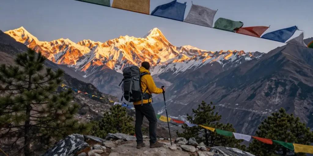 Vista de un viajero en el trek hacia el Circuito Manaslu al amanecer con montañas nevadas de fondo.