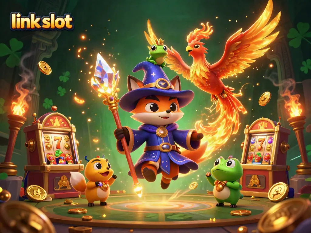 Experience link slot excitement with magical characters and vibrant slot machine visuals in this enchanting casino illustration.