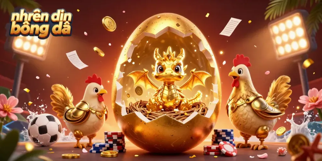 Experience nhận định bóng đá with a dynamic scene featuring a golden dragon, betting elements, and rich details.