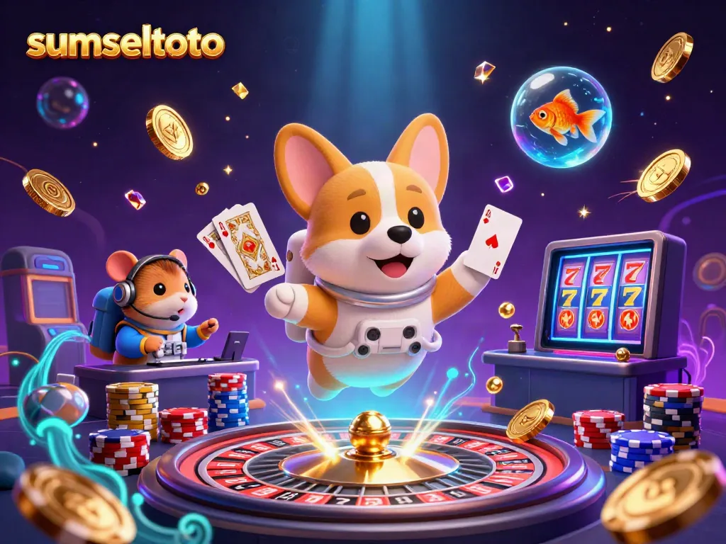 Join the fun at sumseltoto with a corgi astronaut and a mission-control hamster in a vibrant casino scene.