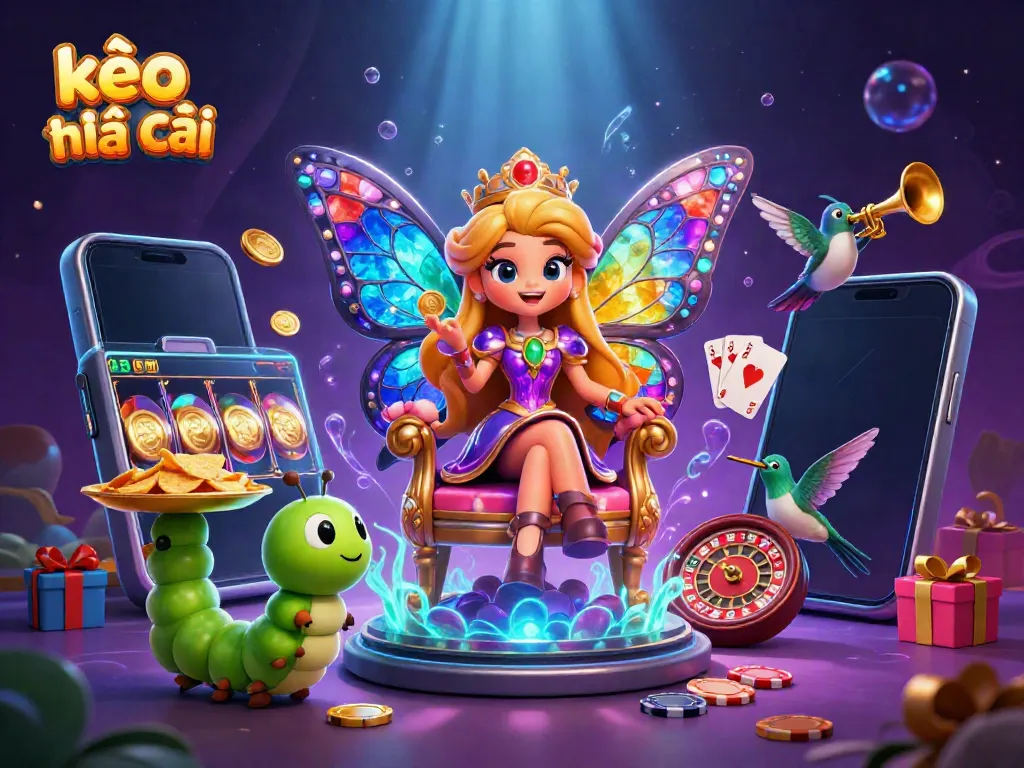 Bet on kèo nhà cái while enjoying a fantasy scene of colorful characters and casino elements.