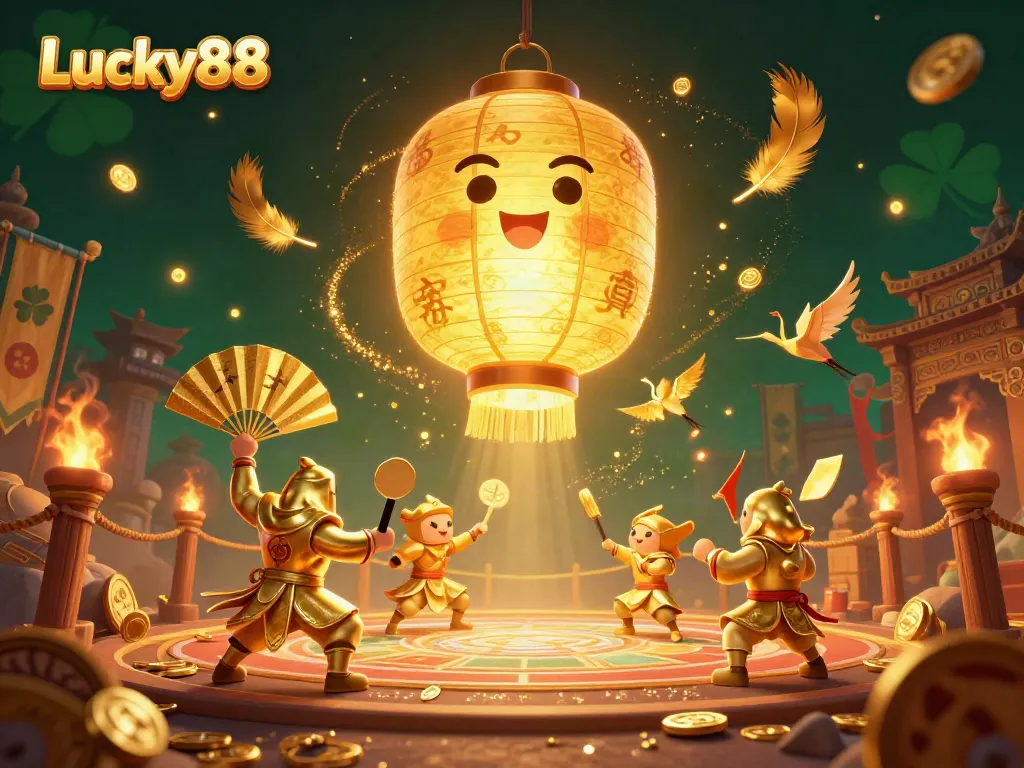 Experience thrilling gaming with Lucky88 in a vibrant 3D casino illustration showcasing golden lanterns and warriors.