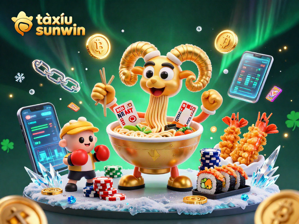Tài xỉu sunwin shows a colorful casino scene with ramen bowl characters and cryptocurrency elements.