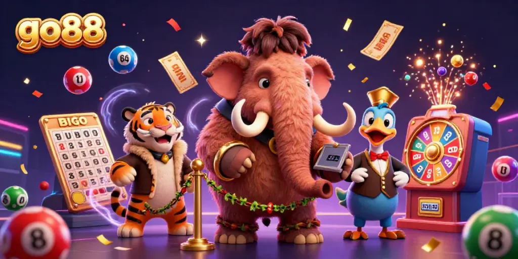Engage with go88's vibrant casino world featuring a mammoth bouncer, saber-tooth guest, and dynamic lottery elements.