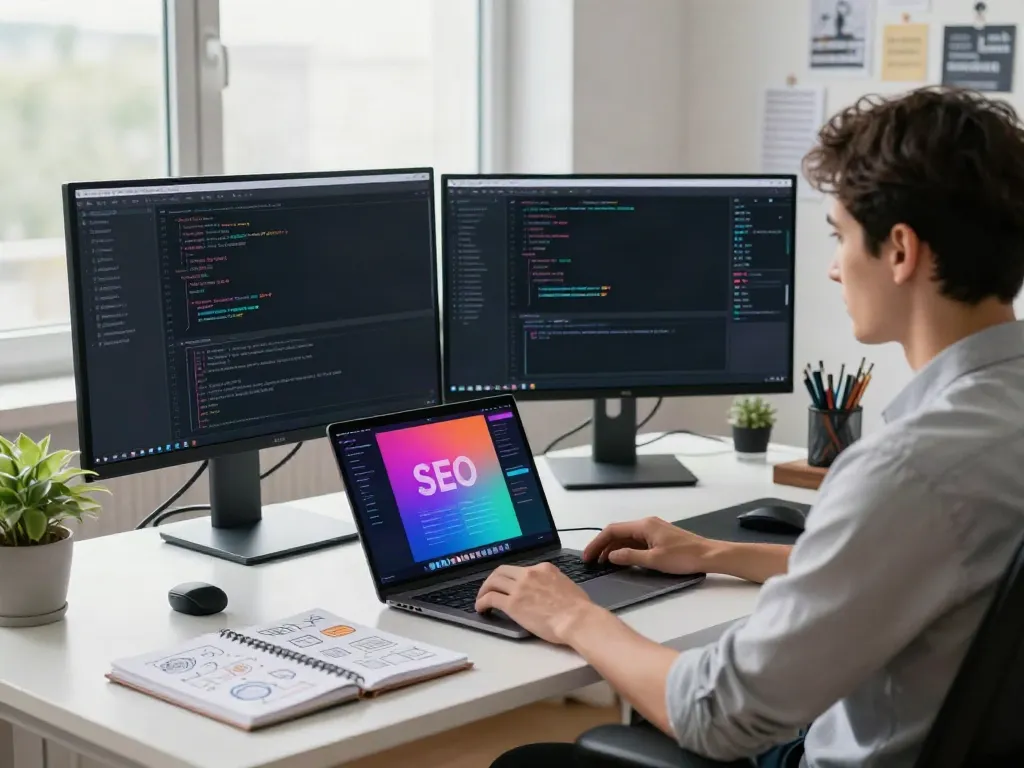Engineer demonstrating instant indexing in a modern web workspace, featuring multiple monitors and coding tools.